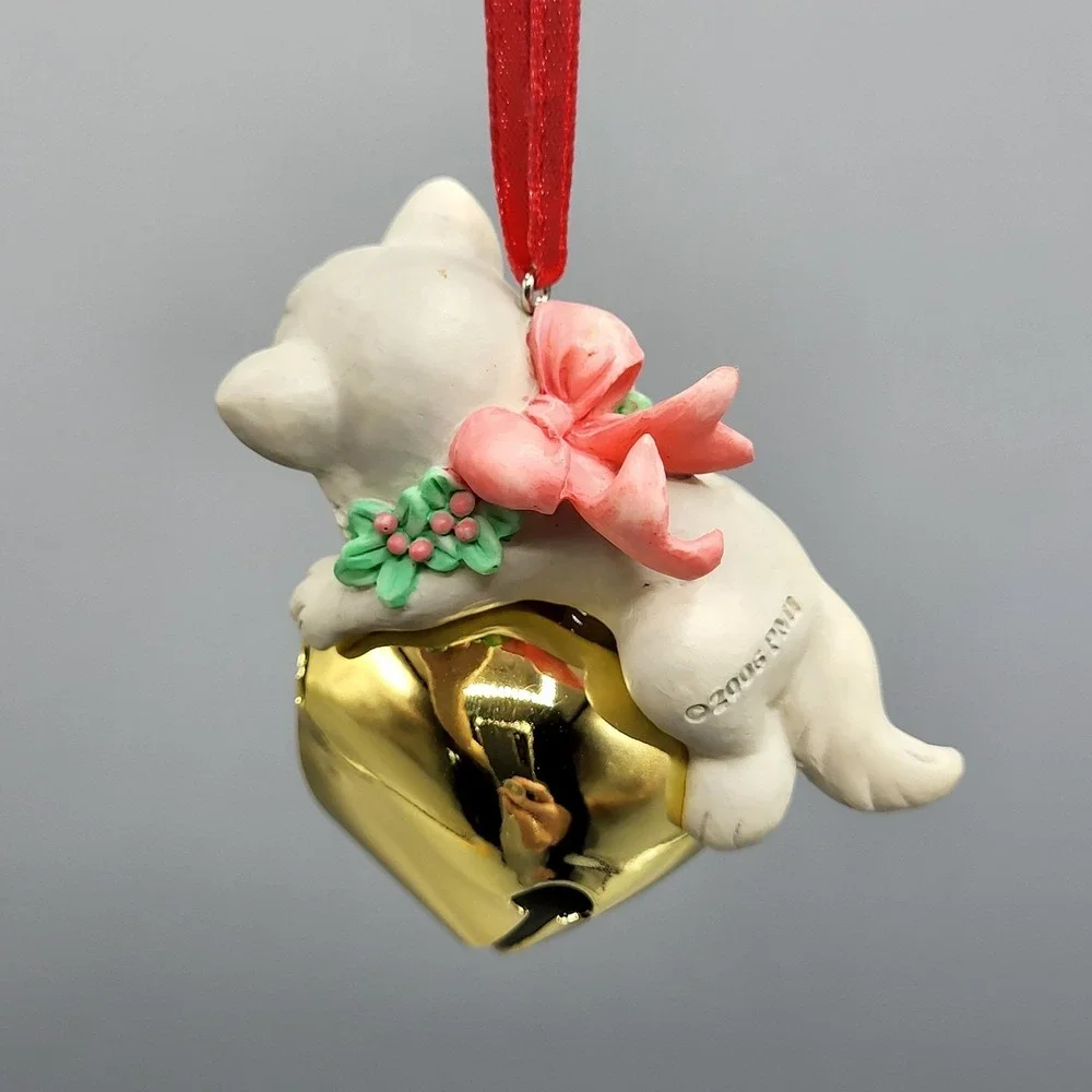 Vintage Precious Moments Cat Jingle Bell Ornament 2006 Kitten Pink Bow White